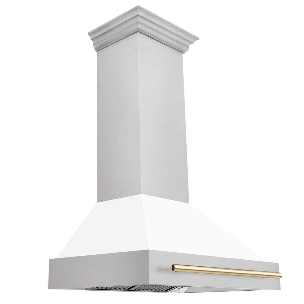 ZLINE Autograph Edition 36 In. Satin Stainless Steel Wall Mount Range Hood With White Matte Shell And Polished Gold Handle (8654SNZ-WM36-G)(Zline Autograph Edition 36 Wall Mount Range Hood Satin Stainless Steel White Matte Polished Gold 8654snz Wm36 G) 1 ZLINE Autograph Edition 36 In. Satin Stainless Steel Wall Mount Range Hood With White Matte Shell And Polished Gold Handle (8654SNZ-WM36-G)(Zline Autograph Edition 36 Wall Mount Range Hood Satin Stainless Steel White Matte Polished Gold 8654snz Wm36 G)