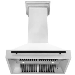 ZLINE Autograph Edition 36 In. Satin Stainless Steel Wall Mount Range Hood With White Matte Shell And Matte Black Handle (8654SNZ-WM36-MB)(Zline Autograph Edition 36 Wall Mount Range Hood Satin Stainless Steel White Matte Matte Black 8654snz Wm36 Mb) -Induction Cooktop Store zline satin stainless steel wall mounted range hood 8654SNZ WM36 MB front under