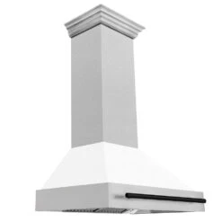 ZLINE Autograph Edition 36 In. Satin Stainless Steel Wall Mount Range Hood With White Matte Shell And Matte Black Handle (8654SNZ-WM36-MB)(Zline Autograph Edition 36 Wall Mount Range Hood Satin Stainless Steel White Matte Matte Black 8654snz Wm36 Mb)