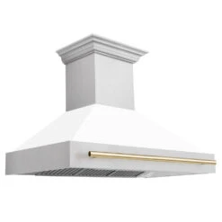 ZLINE Autograph Edition 48 In. Satin Stainless Steel Wall Mount Range Hood With White Matte Shell And Polished Gold Handle (8654SNZ-WM48-G)(Zline Autograph Edition 48 Wall Mount Range Hood Satin Stainless Steel White Matte Polished Gold 8654snz Wm48 G)