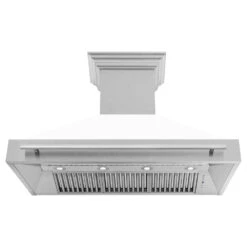 ZLINE 48 In. Satin Stainless Steel Wall Mount Range Hood With White Matte Shell And Stainless Steel Handle (8654SNX-WM-48)(Zline 48 Wall Mount Range Hood Satin Stainless Steel White Matte 8654snx Wm 48) -Induction Cooktop Store zline satin stainless steel white matte wall mounted range hood 8654SNX WM 48 front under