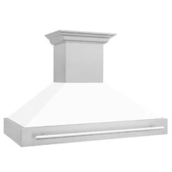 ZLINE 48 In. Satin Stainless Steel Wall Mount Range Hood With White Matte Shell And Stainless Steel Handle (8654SNX-WM-48)(Zline 48 Wall Mount Range Hood Satin Stainless Steel White Matte 8654snx Wm 48) -Induction Cooktop Store zline satin stainless steel white matte wall mounted range hood 8654SNX WM 48 side