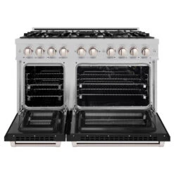 ZLINE 48 In. 6.7 Cu. Ft. Select Double Oven Gas Range With 8 Burner Cooktop In Satin Stainless Steel With Black Matte Doors (HGRS-BLM-48)(Zline 48 Select Gas Range Satin Stainless Steel Black Matte Hgrs Blm 48) 14 ZLINE 48 In. 6.7 Cu. Ft. Select Double Oven Gas Range With 8 Burner Cooktop In Satin Stainless Steel With Black Matte Doors (HGRS-BLM-48)(Zline 48 Select Gas Range Satin Stainless Steel Black Matte Hgrs Blm 48) -Induction Cooktop Store zline select satin stainless steel black matte gas range HGRS BLM 48 front open