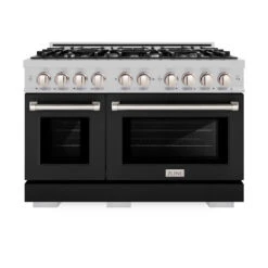 ZLINE 48 In. 6.7 Cu. Ft. Select Double Oven Dual Fuel Range With 8 Burner Gas Cooktop In Satin Stainless Steel With Black Matte Doors (HDRS-BLM-48)(Zline 48 Select Dual Fuel Range Satin Stainless Steel Black Matte Hdrs Blm 48) -Induction Cooktop Store zline select satin stainless steel dual fuel black matte range HDRS BLM 48 front