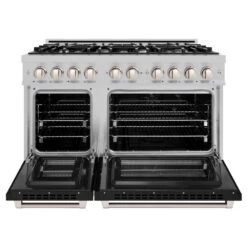 ZLINE 48 In. 6.7 Cu. Ft. Select Double Oven Dual Fuel Range With 8 Burner Gas Cooktop In Satin Stainless Steel With Black Matte Doors (HDRS-BLM-48)(Zline 48 Select Dual Fuel Range Satin Stainless Steel Black Matte Hdrs Blm 48) -Induction Cooktop Store zline select satin stainless steel dual fuel black matte range HDRS BLM 48 front open