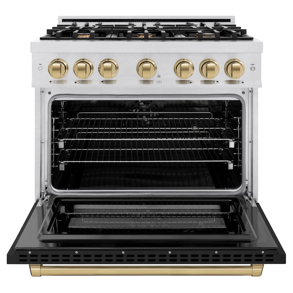 ZLINE Autograph Edition 36 In. 5.2 Cu. Ft. Select Dual Fuel Range With 6 Burner Gas Cooktop And Electric Convection Oven In Satin Stainless Steel With Black Matte Door And Champagne Bronze Accents (HDRSZ-BLM-36-CB)(Zline Autograph Edition 36 Select Dual Fuel Range Satin Stainless Steel Black Matte Champagne Bronze Hdrsz Blm 36 Cb) 5 ZLINE Autograph Edition 36 In. 5.2 Cu. Ft. Select Dual Fuel Range With 6 Burner Gas Cooktop And Electric Convection Oven In Satin Stainless Steel With Black Matte Door And Champagne Bronze Accents (HDRSZ-BLM-36-CB)(Zline Autograph Edition 36 Select Dual Fuel Range Satin Stainless Steel Black Matte Champagne Bronze Hdrsz Blm 36 Cb) - Image 5