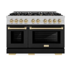 ZLINE Autograph Edition 48 In. 6.7 Cu. Ft. Select Double Oven Dual Fuel Range With 8 Burner Gas Cooktop In Satin Stainless Steel With Black Matte Doors And Champagne Bronze Accents (HDRSZ-BLM-48-CB)(Zline Autograph Edition 48 Select Dual Fuel Range Satin Stainless Steel Black Matte Champagne Bronze Hdrsz Blm 48 Cb) -Induction Cooktop Store zline select satin stainless steel dual fuel range autograph edition champagne bronze HDRSZ BLM 48 CB front