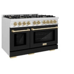 ZLINE Autograph Edition 48 In. 6.7 Cu. Ft. Select Double Oven Dual Fuel Range With 8 Burner Gas Cooktop In Satin Stainless Steel With Black Matte Doors And Champagne Bronze Accents (HDRSZ-BLM-48-CB)(Zline Autograph Edition 48 Select Dual Fuel Range Satin Stainless Steel Black Matte Champagne Bronze Hdrsz Blm 48 Cb) -Induction Cooktop Store zline select satin stainless steel dual fuel range autograph edition champagne bronze HDRSZ BLM 48 CB main
