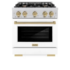 ZLINE Autograph Edition 30 In. 4.2 Cu. Ft. Select Dual Fuel Range With 4 Burner Gas Cooktop And Electric Convection Oven In Satin Stainless Steel With White Matte Door And Champagne Bronze Accents (HDRSZ-WM-30-CB)(Zline Autograph Edition 30 Select Dual Fuel Range Satin Stainless Steel White Matte Champagne Bronze Hdrsz Wm 30 Cb) -Induction Cooktop Store zline select satin stainless steel dual fuel range autograph edition champagne bronze HDRSZ WM 30 CB front