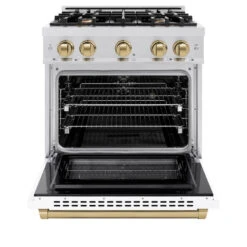 ZLINE Autograph Edition 30 In. 4.2 Cu. Ft. Select Dual Fuel Range With 4 Burner Gas Cooktop And Electric Convection Oven In Satin Stainless Steel With White Matte Door And Champagne Bronze Accents (HDRSZ-WM-30-CB)(Zline Autograph Edition 30 Select Dual Fuel Range Satin Stainless Steel White Matte Champagne Bronze Hdrsz Wm 30 Cb) -Induction Cooktop Store zline select satin stainless steel dual fuel range autograph edition champagne bronze HDRSZ WM 30 CB front open