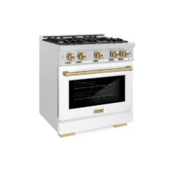 ZLINE Autograph Edition 30 In. 4.2 Cu. Ft. Select Dual Fuel Range With 4 Burner Gas Cooktop And Electric Convection Oven In Satin Stainless Steel With White Matte Door And Champagne Bronze Accents (HDRSZ-WM-30-CB)(Zline Autograph Edition 30 Select Dual Fuel Range Satin Stainless Steel White Matte Champagne Bronze Hdrsz Wm 30 Cb)