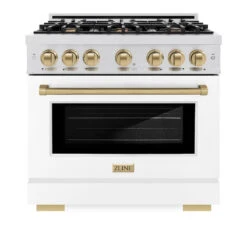 ZLINE Autograph Edition 36 In. 5.2 Cu. Ft. Select Dual Fuel Range With 6 Burner Gas Cooktop And Electric Convection Oven In Satin Stainless Steel With White Matte Door And Champagne Bronze Accents (HDRSZ-WM-36-CB)(Zline Autograph Edition 36 Select Dual Fuel Range Satin Stainless Steel White Matte Champagne Bronze Hdrsz Wm 36 Cb) -Induction Cooktop Store zline select satin stainless steel dual fuel range autograph edition champagne bronze HDRSZ WM 36 CB front