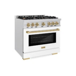 ZLINE Autograph Edition 36 In. 5.2 Cu. Ft. Select Dual Fuel Range With 6 Burner Gas Cooktop And Electric Convection Oven In Satin Stainless Steel With White Matte Door And Champagne Bronze Accents (HDRSZ-WM-36-CB)(Zline Autograph Edition 36 Select Dual Fuel Range Satin Stainless Steel White Matte Champagne Bronze Hdrsz Wm 36 Cb)