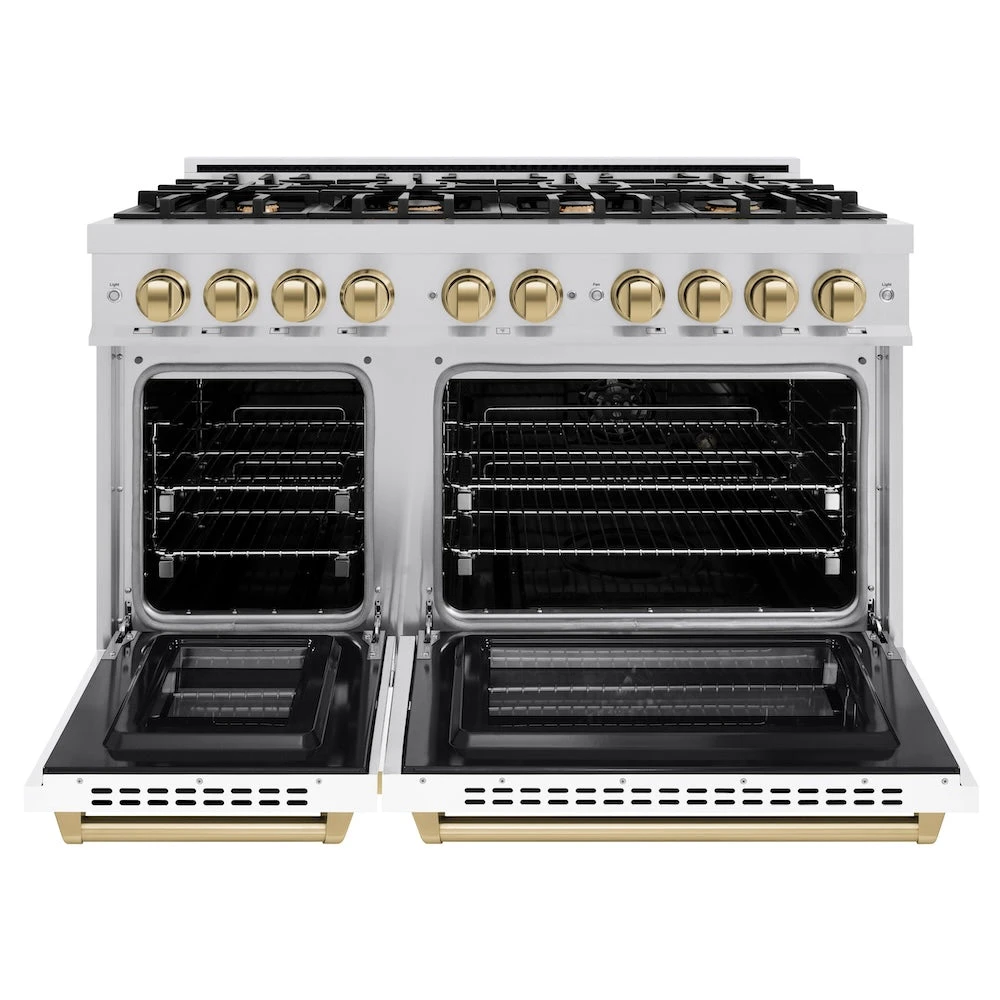 ZLINE Autograph Edition 48 In. 6.7 Cu. Ft. Select Double Oven Dual Fuel Range With 8 Burner Gas Cooktop In Satin Stainless Steel With White Matte Doors And Champagne Bronze Accents (HDRSZ-WM-48-CB)(Zline Autograph Edition 48 Select Dual Fuel Range Satin Stainless Steel White Matte Champagne Bronze Hdrsz Wm 48 Cb) 3 ZLINE Autograph Edition 48 In. 6.7 Cu. Ft. Select Double Oven Dual Fuel Range With 8 Burner Gas Cooktop In Satin Stainless Steel With White Matte Doors And Champagne Bronze Accents (HDRSZ-WM-48-CB)(Zline Autograph Edition 48 Select Dual Fuel Range Satin Stainless Steel White Matte Champagne Bronze Hdrsz Wm 48 Cb) - Image 3