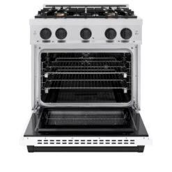 ZLINE Autograph Edition 30 In. 4.2 Cu. Ft. Select Dual Fuel Range With 4 Burner Gas Cooktop And Electric Convection Oven In Satin Stainless Steel With White Matte Door And Matte Black Accents (HDRSZ-WM-30-MB)(Zline Autograph Edition 30 Select Dual Fuel Range Satin Stainless Steel White Matte Matte Black Hdrsz Wm 30 Mb) -Induction Cooktop Store zline select satin stainless steel dual fuel range autograph edition matte black HDRSZ WM 30 MB front open