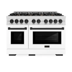 ZLINE Autograph Edition 48 In. 6.7 Cu. Ft. Select Double Oven Dual Fuel Range With 8 Burner Gas Cooktop In Satin Stainless Steel With White Matte Doors And Matte Black Accents (HDRSZ-WM-48-MB)(Zline Autograph Edition 48 Select Dual Fuel Range Satin Stainless Steel White Matte Matte Black Hdrsz Wm 48 Mb) -Induction Cooktop Store zline select satin stainless steel dual fuel range autograph edition matte black HDRSZ WM 48 MB front