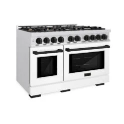 ZLINE Autograph Edition 48 In. 6.7 Cu. Ft. Select Double Oven Dual Fuel Range With 8 Burner Gas Cooktop In Satin Stainless Steel With White Matte Doors And Matte Black Accents (HDRSZ-WM-48-MB)(Zline Autograph Edition 48 Select Dual Fuel Range Satin Stainless Steel White Matte Matte Black Hdrsz Wm 48 Mb)