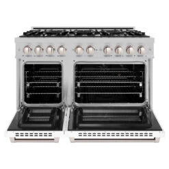 ZLINE 48 In. 6.7 Cu. Ft. Select Double Oven Dual Fuel Range With 8 Burner Gas Cooktop In Satin Stainless Steel With White Matte Doors (HDRS-WM-48)(Zline 48 Select Dual Fuel Range Satin Stainless Steel White Matte Hdrs Wm 48) -Induction Cooktop Store zline select satin stainless steel dual fuel white matte range HDRS WM 48 front open