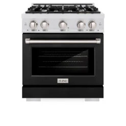 ZLINE 30 In. 4.2 Cu. Ft. Select Gas Range With 4 Burner Cooktop And Convection Gas Oven In Satin Stainless Steel With Black Matte Door (HGRS-BLM-30)(Zline 30 Select Gas Range Satin Stainless Steel Black Matte Hgrs Blm 30) -Induction Cooktop Store zline select satin stainless steel gas range HGRS BLM 30 front