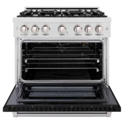ZLINE 36 In. 5.2 Cu. Ft. Select Gas Range With 6 Burner Cooktop And Convection Gas Oven In Satin Stainless Steel With Black Matte Door (HGRS-BLM-36)(Zline 36 Select Gas Range Satin Stainless Steel Black Matte Hgrs Blm 36) 15 ZLINE 36 In. 5.2 Cu. Ft. Select Gas Range With 6 Burner Cooktop And Convection Gas Oven In Satin Stainless Steel With Black Matte Door (HGRS-BLM-36)(Zline 36 Select Gas Range Satin Stainless Steel Black Matte Hgrs Blm 36) -Induction Cooktop Store zline select satin stainless steel gas range HGRS BLM 36 front open