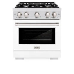ZLINE 30 In. 4.2 Cu. Ft. Select Gas Range With 4 Burner Cooktop And Convection Gas Oven In Satin Stainless Steel With White Matte Door (HGRS-WM-30)(Zline 30 Select Gas Range Satin Stainless Steel White Matte Hgrs Wm 30) -Induction Cooktop Store zline select satin stainless steel gas range HGRS WM 30 front