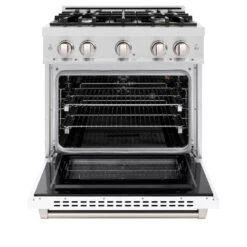 ZLINE 30 In. 4.2 Cu. Ft. Select Gas Range With 4 Burner Cooktop And Convection Gas Oven In Satin Stainless Steel With White Matte Door (HGRS-WM-30)(Zline 30 Select Gas Range Satin Stainless Steel White Matte Hgrs Wm 30) -Induction Cooktop Store zline select satin stainless steel gas range HGRS WM 30 front open