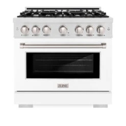 ZLINE 36 In. 5.2 Cu. Ft. Select Gas Range With 6 Burner Cooktop And Convection Gas Oven In Satin Stainless Steel With White Matte Door (HGRS-WM-36)(Zline 36 Select Gas Range Satin Stainless Steel White Matte Hgrs Wm 36) -Induction Cooktop Store zline select satin stainless steel gas range HGRS WM 36 front
