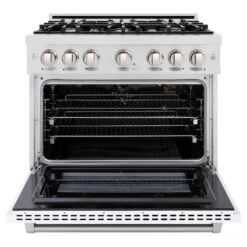 ZLINE 36 In. 5.2 Cu. Ft. Select Gas Range With 6 Burner Cooktop And Convection Gas Oven In Satin Stainless Steel With White Matte Door (HGRS-WM-36)(Zline 36 Select Gas Range Satin Stainless Steel White Matte Hgrs Wm 36) -Induction Cooktop Store zline select satin stainless steel gas range HGRS WM 36 front open