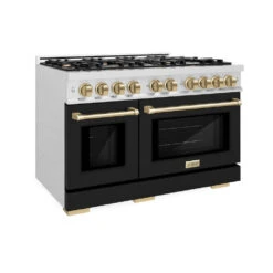 ZLINE Autograph Edition 48 In. 6.7 Cu. Ft. Select Double Oven Gas Range With 8 Burner Cooktop In Satin Stainless Steel With Black Matte Doors And Champagne Bronze Accents (HGRSZ-BLM-48-CB)(Zline Autograph Edition 48 Select Gas Range Satin Stainless Steel Black Matte Champagne Bronze Hgrsz Blm 48 Cb)