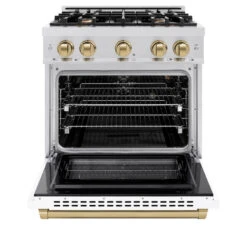 ZLINE Autograph Edition 30 In. 4.2 Cu. Ft. Select Gas Range With 4 Burner Cooktop And Convection Gas Oven In Satin Stainless Steel With White Matte Door And Champagne Bronze Accents (HGRSZ-WM-30-CB)(Zline Autograph Edition 30 Select Gas Range Satin Stainless Steel White Matte Champagne Bronze Hgrsz Wm 30 Cb) -Induction Cooktop Store zline select satin stainless steel gas range autograph edition champagne bronze HGRSZ WM 30 CB front open
