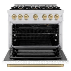 ZLINE Autograph Edition 36 In. 5.2 Cu. Ft. Select Gas Range With 6 Burner Cooktop And Convection Gas Oven In Satin Stainless Steel With White Matte Door And Champagne Bronze Accents (HGRSZ-WM-36-CB)(Zline Autograph Edition 36 Select Gas Range Satin Stainless Steel White Matte Champagne Bronze Hgrsz Wm 36 Cb) -Induction Cooktop Store zline select satin stainless steel gas range autograph edition champagne bronze HGRSZ WM 36 CB front open