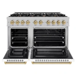 ZLINE Autograph Edition 48 In. 6.7 Cu. Ft. Select Double Oven Gas Range With 8 Burner Cooktop In Satin Stainless Steel With White Matte Doors And Champagne Bronze Accents (HGRSZ-WM-48-CB)(Zline Autograph Edition 48 Select Gas Range Satin Stainless Steel White Matte Champagne Bronze Hgrsz Wm 48 Cb) 15 ZLINE Autograph Edition 48 In. 6.7 Cu. Ft. Select Double Oven Gas Range With 8 Burner Cooktop In Satin Stainless Steel With White Matte Doors And Champagne Bronze Accents (HGRSZ-WM-48-CB)(Zline Autograph Edition 48 Select Gas Range Satin Stainless Steel White Matte Champagne Bronze Hgrsz Wm 48 Cb) -Induction Cooktop Store zline select satin stainless steel gas range autograph edition champagne bronze HGRSZ WM 48 CB front open
