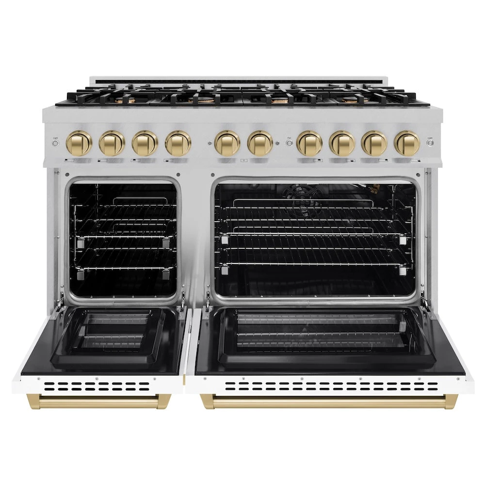 ZLINE Autograph Edition 48 In. 6.7 Cu. Ft. Select Double Oven Gas Range With 8 Burner Cooktop In Satin Stainless Steel With White Matte Doors And Champagne Bronze Accents (HGRSZ-WM-48-CB)(Zline Autograph Edition 48 Select Gas Range Satin Stainless Steel White Matte Champagne Bronze Hgrsz Wm 48 Cb) 3 ZLINE Autograph Edition 48 In. 6.7 Cu. Ft. Select Double Oven Gas Range With 8 Burner Cooktop In Satin Stainless Steel With White Matte Doors And Champagne Bronze Accents (HGRSZ-WM-48-CB)(Zline Autograph Edition 48 Select Gas Range Satin Stainless Steel White Matte Champagne Bronze Hgrsz Wm 48 Cb) - Image 3