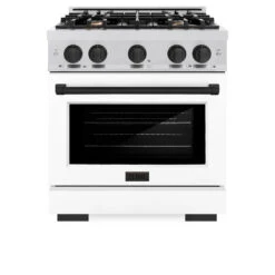 ZLINE Autograph Edition 30 In. 4.2 Cu. Ft. Select Gas Range With 4 Burner Cooktop And Convection Gas Oven In Satin Stainless Steel With White Matte Door And Matte Black Accents (HGRSZ-WM-30-MB)(Zline Autograph Edition 30 Select Gas Range Satin Stainless Steel White Matte Matte Black Hgrsz Wm 30 Mb) -Induction Cooktop Store zline select satin stainless steel gas range autograph edition matte black HGRSZ WM 30 MB front