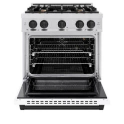 ZLINE Autograph Edition 30 In. 4.2 Cu. Ft. Select Gas Range With 4 Burner Cooktop And Convection Gas Oven In Satin Stainless Steel With White Matte Door And Matte Black Accents (HGRSZ-WM-30-MB)(Zline Autograph Edition 30 Select Gas Range Satin Stainless Steel White Matte Matte Black Hgrsz Wm 30 Mb) -Induction Cooktop Store zline select satin stainless steel gas range autograph edition matte black HGRSZ WM 30 MB front open