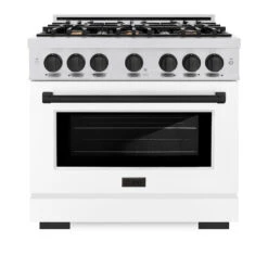 ZLINE Autograph Edition 36 In. 5.2 Cu. Ft. Select Gas Range With 6 Burner Cooktop And Convection Gas Oven In Satin Stainless Steel With White Matte Door And Matte Black Accents (HGRSZ-WM-36-MB)(Zline Autograph Edition 36 Select Gas Range Satin Stainless Steel White Matte Matte Black Hgrsz Wm 36 Mb) -Induction Cooktop Store zline select satin stainless steel gas range autograph edition matte black HGRSZ WM 36 MB front