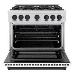 ZLINE Autograph Edition 36 In. 5.2 Cu. Ft. Select Gas Range With 6 Burner Cooktop And Convection Gas Oven In Satin Stainless Steel With White Matte Door And Matte Black Accents (HGRSZ-WM-36-MB)(Zline Autograph Edition 36 Select Gas Range Satin Stainless Steel White Matte Matte Black Hgrsz Wm 36 Mb) -Induction Cooktop Store zline select satin stainless steel gas range autograph edition matte black HGRSZ WM 36 MB front open