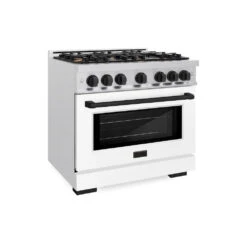ZLINE Autograph Edition 36 In. 5.2 Cu. Ft. Select Gas Range With 6 Burner Cooktop And Convection Gas Oven In Satin Stainless Steel With White Matte Door And Matte Black Accents (HGRSZ-WM-36-MB)(Zline Autograph Edition 36 Select Gas Range Satin Stainless Steel White Matte Matte Black Hgrsz Wm 36 Mb)