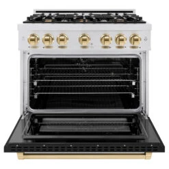 ZLINE Autograph Edition 36 In. 5.2 Cu. Ft. Select Dual Fuel Range With 6 Burner Gas Cooktop And Electric Convection Oven In Satin Stainless Steel With Black Matte Door And Polished Gold Accents (HDRSZ-BLM-36-G)(Zline Autograph Edition 36 Select Dual Fuel Range Satin Stainless Steel Black Matte Polished Gold Hdrsz Blm 36 G) -Induction Cooktop Store zline select satin stainless steel gas range autograph edition polished gold HDRSZ BLM 36 G front open