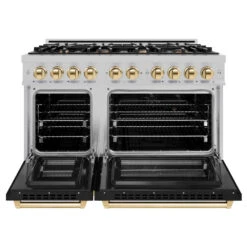 ZLINE Autograph Edition 48 In. 6.7 Cu. Ft. Select Double Oven Dual Fuel Range With 8 Burner Gas Cooktop In Satin Stainless Steel With Black Matte Doors And Polished Gold Accents (HDRSZ-BLM-48-G)(Zline Autograph Edition 48 Select Dual Fuel Range Satin Stainless Steel Black Matte Polished Gold Hdrsz Blm 48 G) -Induction Cooktop Store zline select satin stainless steel gas range autograph edition polished gold HDRSZ BLM 48 G front open