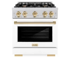 ZLINE Autograph Edition 30 In. 4.2 Cu. Ft. Select Dual Fuel Range With 4 Burner Gas Cooktop And Electric Convection Oven In Satin Stainless Steel With White Matte Door And Polished Gold Accents (HDRSZ-WM-30-G)(Zline Autograph Edition 30 Select Dual Fuel Range Satin Stainless Steel White Matte Polished Gold Hdrsz Wm 30 G) 15 ZLINE Autograph Edition 30 In. 4.2 Cu. Ft. Select Dual Fuel Range With 4 Burner Gas Cooktop And Electric Convection Oven In Satin Stainless Steel With White Matte Door And Polished Gold Accents (HDRSZ-WM-30-G)(Zline Autograph Edition 30 Select Dual Fuel Range Satin Stainless Steel White Matte Polished Gold Hdrsz Wm 30 G) -Induction Cooktop Store zline select satin stainless steel gas range autograph edition polished gold HDRSZ WM 30 G front