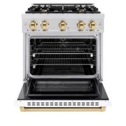 ZLINE Autograph Edition 30 In. 4.2 Cu. Ft. Select Dual Fuel Range With 4 Burner Gas Cooktop And Electric Convection Oven In Satin Stainless Steel With White Matte Door And Polished Gold Accents (HDRSZ-WM-30-G)(Zline Autograph Edition 30 Select Dual Fuel Range Satin Stainless Steel White Matte Polished Gold Hdrsz Wm 30 G) 14 ZLINE Autograph Edition 30 In. 4.2 Cu. Ft. Select Dual Fuel Range With 4 Burner Gas Cooktop And Electric Convection Oven In Satin Stainless Steel With White Matte Door And Polished Gold Accents (HDRSZ-WM-30-G)(Zline Autograph Edition 30 Select Dual Fuel Range Satin Stainless Steel White Matte Polished Gold Hdrsz Wm 30 G) -Induction Cooktop Store zline select satin stainless steel gas range autograph edition polished gold HDRSZ WM 30 G front open