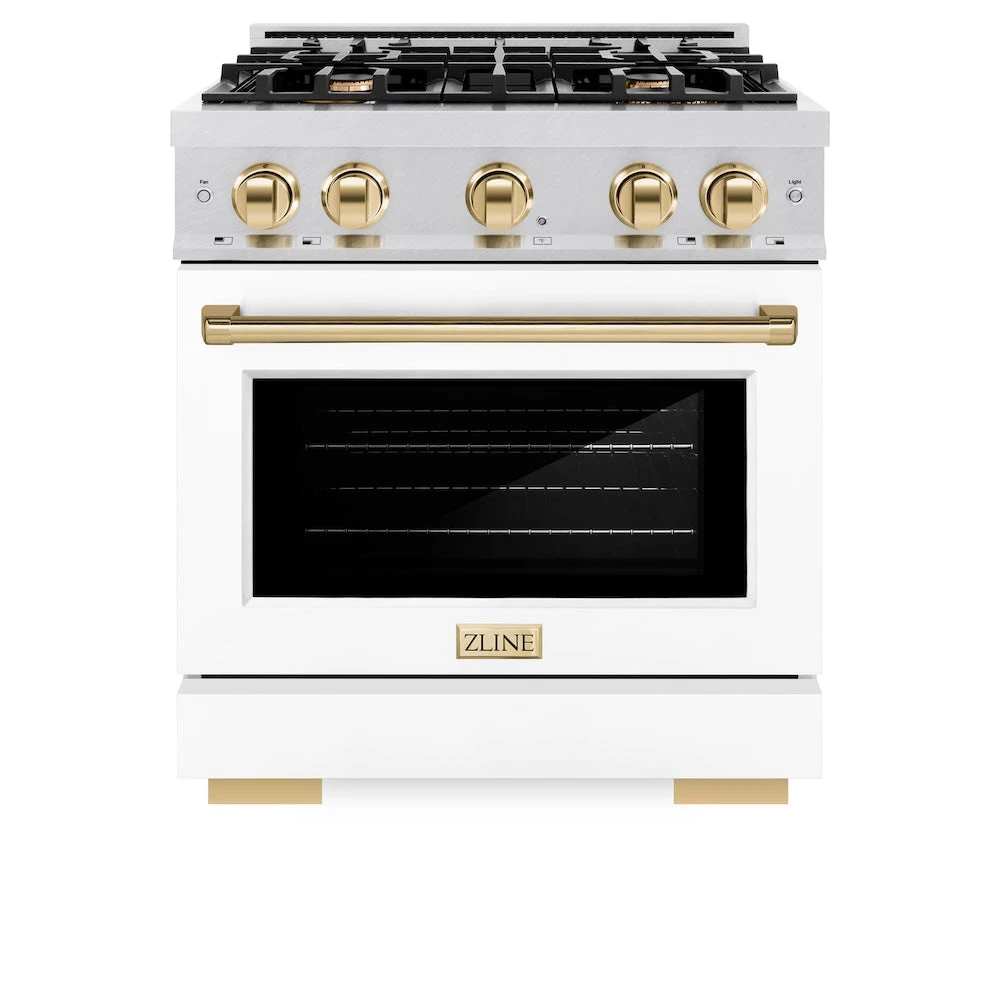 ZLINE Autograph Edition 30 In. 4.2 Cu. Ft. Select Dual Fuel Range With 4 Burner Gas Cooktop And Electric Convection Oven In Satin Stainless Steel With White Matte Door And Polished Gold Accents (HDRSZ-WM-30-G)(Zline Autograph Edition 30 Select Dual Fuel Range Satin Stainless Steel White Matte Polished Gold Hdrsz Wm 30 G) 4 ZLINE Autograph Edition 30 In. 4.2 Cu. Ft. Select Dual Fuel Range With 4 Burner Gas Cooktop And Electric Convection Oven In Satin Stainless Steel With White Matte Door And Polished Gold Accents (HDRSZ-WM-30-G)(Zline Autograph Edition 30 Select Dual Fuel Range Satin Stainless Steel White Matte Polished Gold Hdrsz Wm 30 G) - Image 4