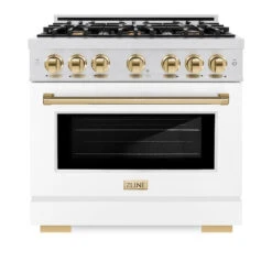 ZLINE Autograph Edition 36 In. 5.2 Cu. Ft. Select Dual Fuel Range With 6 Burner Gas Cooktop And Electric Convection Oven In Satin Stainless Steel With White Matte Door And Polished Gold Accents (HDRSZ-WM-36-G)(Zline Autograph Edition 36 Select Dual Fuel Range Satin Stainless Steel White Matte Polished Gold Hdrsz Wm 36 G) -Induction Cooktop Store zline select satin stainless steel gas range autograph edition polished gold HDRSZ WM 36 G front