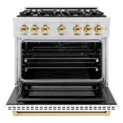 ZLINE Autograph Edition 36 In. 5.2 Cu. Ft. Select Dual Fuel Range With 6 Burner Gas Cooktop And Electric Convection Oven In Satin Stainless Steel With White Matte Door And Polished Gold Accents (HDRSZ-WM-36-G)(Zline Autograph Edition 36 Select Dual Fuel Range Satin Stainless Steel White Matte Polished Gold Hdrsz Wm 36 G) -Induction Cooktop Store zline select satin stainless steel gas range autograph edition polished gold HDRSZ WM 36 G front open