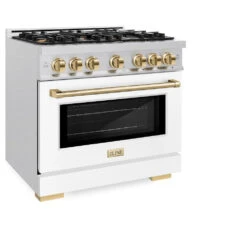 ZLINE Autograph Edition 36 In. 5.2 Cu. Ft. Select Dual Fuel Range With 6 Burner Gas Cooktop And Electric Convection Oven In Satin Stainless Steel With White Matte Door And Polished Gold Accents (HDRSZ-WM-36-G)(Zline Autograph Edition 36 Select Dual Fuel Range Satin Stainless Steel White Matte Polished Gold Hdrsz Wm 36 G) -Induction Cooktop Store zline select satin stainless steel gas range autograph edition polished gold HDRSZ WM 36 G main