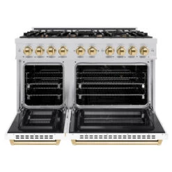 ZLINE Autograph Edition 48 In. 6.7 Cu. Ft. Select Double Oven Dual Fuel Range With 8 Burner Gas Cooktop In Satin Stainless Steel With White Matte Doors And Polished Gold Accents (HDRSZ-WM-48-G)(Zline Autograph Edition 48 Select Dual Fuel Range Satin Stainless Steel White Matte Polished Gold Hdrsz Wm 48 G) -Induction Cooktop Store zline select satin stainless steel gas range autograph edition polished gold HDRSZ WM 48 G front open
