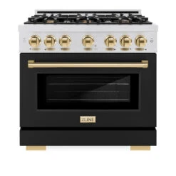 ZLINE Autograph Edition 36 In. 5.2 Cu. Ft. Select Gas Range With 6 Burner Cooktop And Convection Gas Oven In Satin Stainless Steel With Black Matte Door And Polished Gold Accents (HGRSZ-BLM-36-G)(Zline Autograph Edition 36 Select Gas Range Satin Stainless Steel Black Matte Polished Gold Hgrsz Blm 36 G) 15 ZLINE Autograph Edition 36 In. 5.2 Cu. Ft. Select Gas Range With 6 Burner Cooktop And Convection Gas Oven In Satin Stainless Steel With Black Matte Door And Polished Gold Accents (HGRSZ-BLM-36-G)(Zline Autograph Edition 36 Select Gas Range Satin Stainless Steel Black Matte Polished Gold Hgrsz Blm 36 G) -Induction Cooktop Store zline select satin stainless steel gas range autograph edition polished gold HGRSZ BLM 36 G front