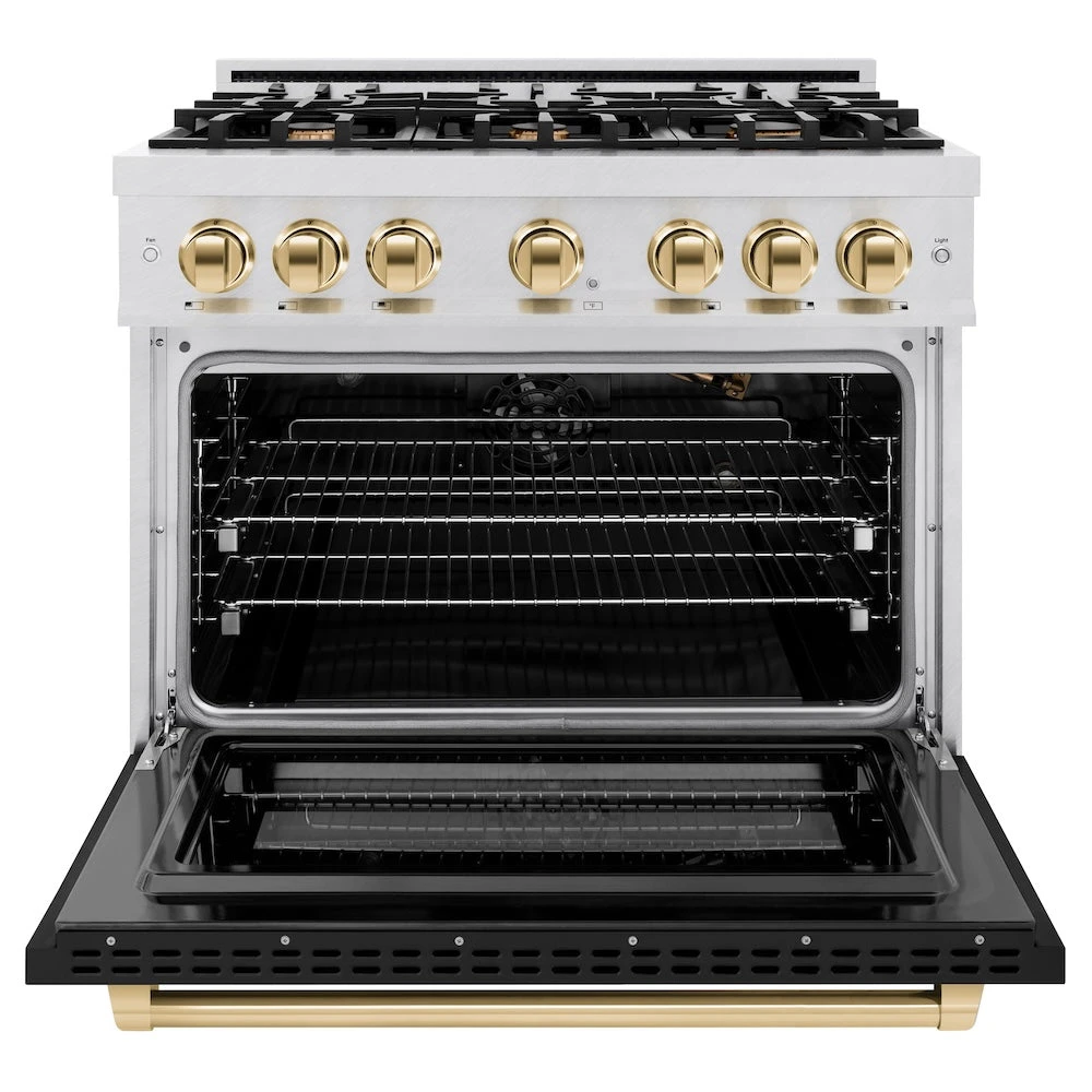 ZLINE Autograph Edition 36 In. 5.2 Cu. Ft. Select Gas Range With 6 Burner Cooktop And Convection Gas Oven In Satin Stainless Steel With Black Matte Door And Polished Gold Accents (HGRSZ-BLM-36-G)(Zline Autograph Edition 36 Select Gas Range Satin Stainless Steel Black Matte Polished Gold Hgrsz Blm 36 G) 3 ZLINE Autograph Edition 36 In. 5.2 Cu. Ft. Select Gas Range With 6 Burner Cooktop And Convection Gas Oven In Satin Stainless Steel With Black Matte Door And Polished Gold Accents (HGRSZ-BLM-36-G)(Zline Autograph Edition 36 Select Gas Range Satin Stainless Steel Black Matte Polished Gold Hgrsz Blm 36 G) - Image 3