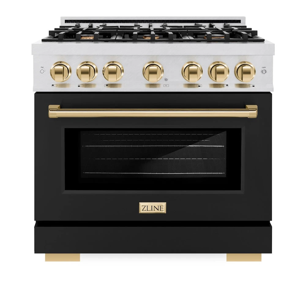 ZLINE Autograph Edition 36 In. 5.2 Cu. Ft. Select Gas Range With 6 Burner Cooktop And Convection Gas Oven In Satin Stainless Steel With Black Matte Door And Polished Gold Accents (HGRSZ-BLM-36-G)(Zline Autograph Edition 36 Select Gas Range Satin Stainless Steel Black Matte Polished Gold Hgrsz Blm 36 G) 4 ZLINE Autograph Edition 36 In. 5.2 Cu. Ft. Select Gas Range With 6 Burner Cooktop And Convection Gas Oven In Satin Stainless Steel With Black Matte Door And Polished Gold Accents (HGRSZ-BLM-36-G)(Zline Autograph Edition 36 Select Gas Range Satin Stainless Steel Black Matte Polished Gold Hgrsz Blm 36 G) - Image 4